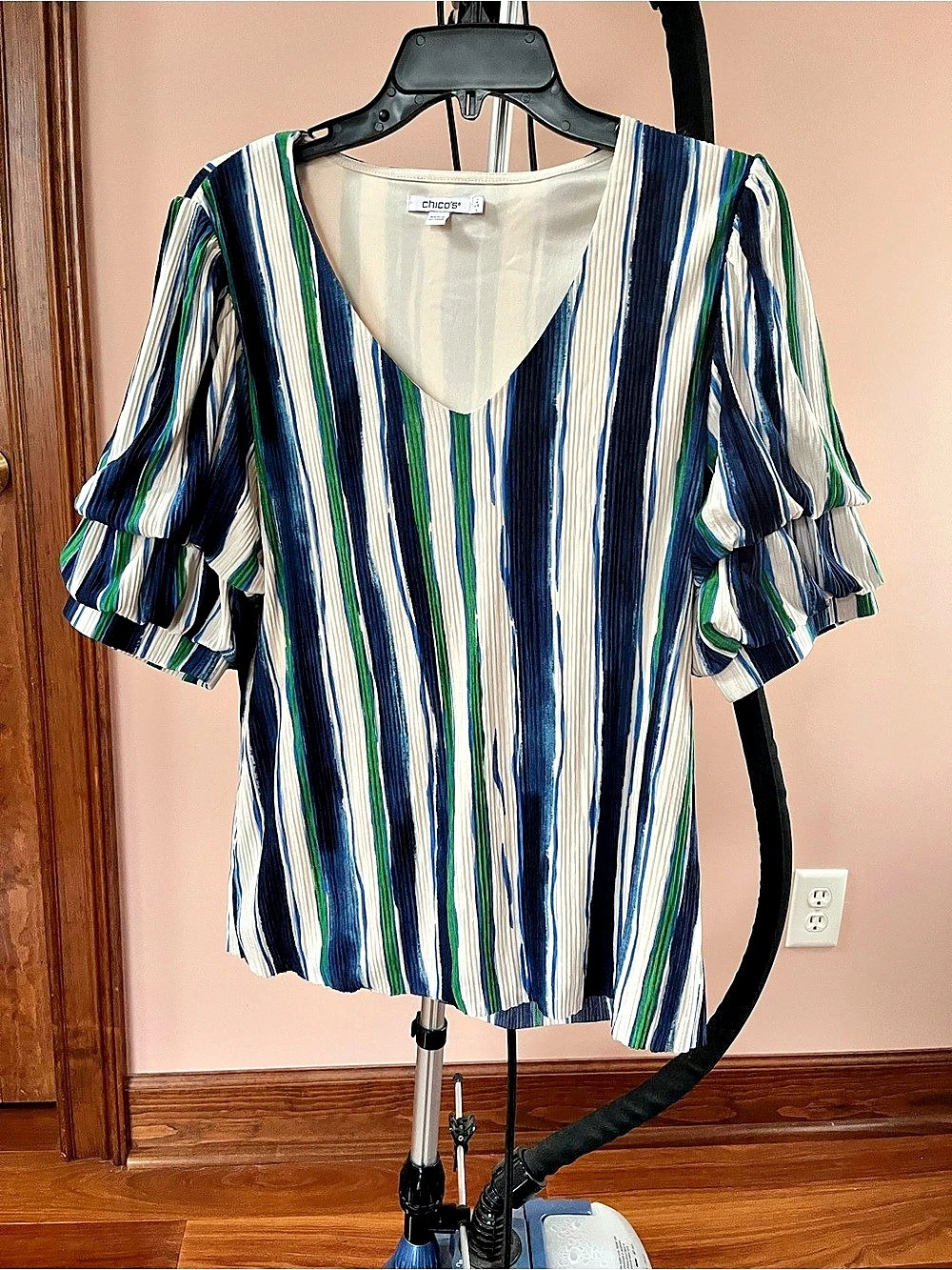 Chico's Striped Ruffle Sleeve Blouse in Blue & Green Size Large